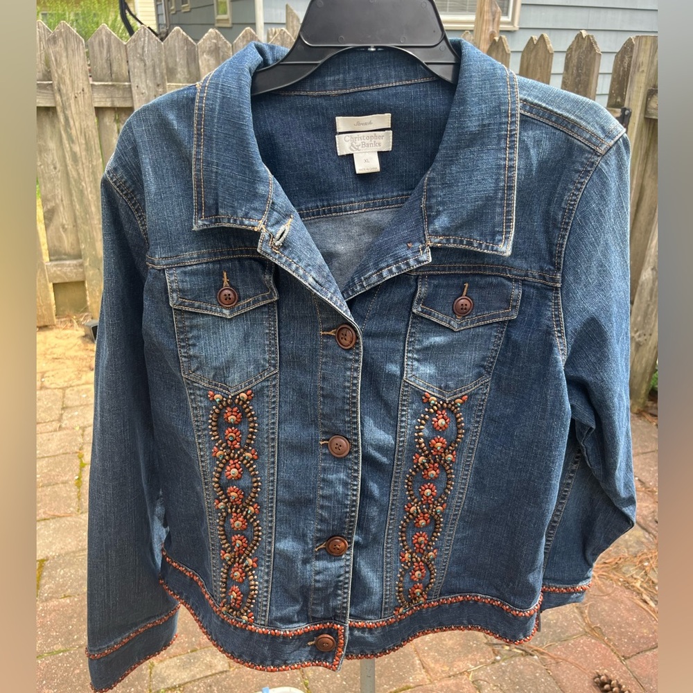 Christopher & Banks Womens Beaded DENIUM stretch jacket XL with 2 upper pockets